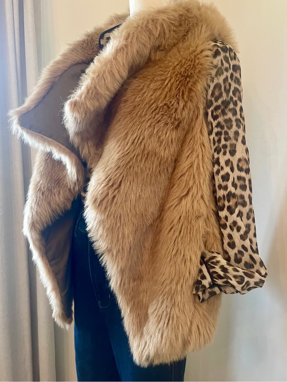 ZARA Faux Fur Waterfall Vest Camel M Draped Gilet Luxe Layering Chic